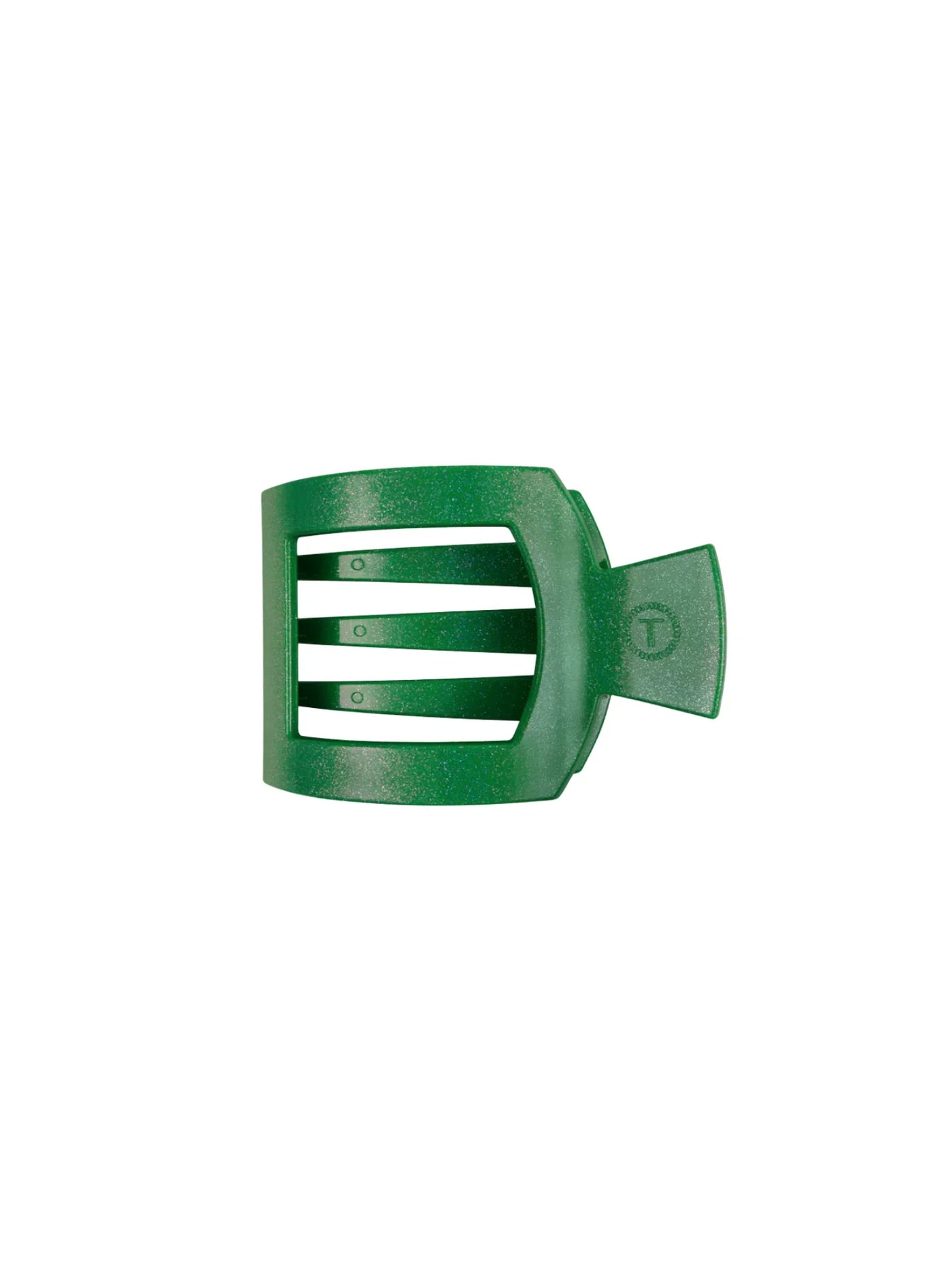 Sparkly green square hair clip on white background, front.