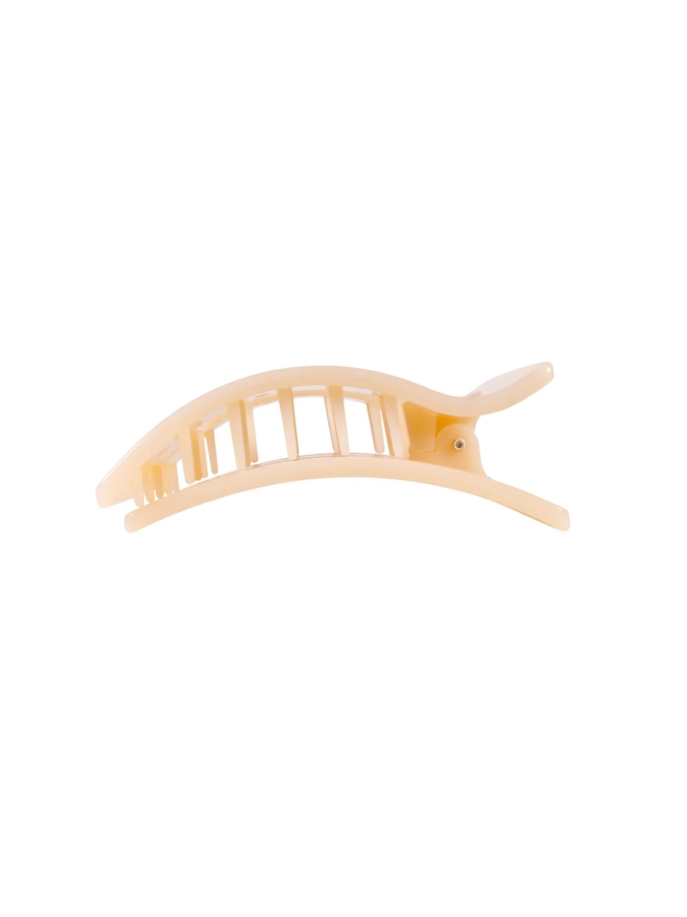Beige medium flat rectangle hair clip on white background, side.