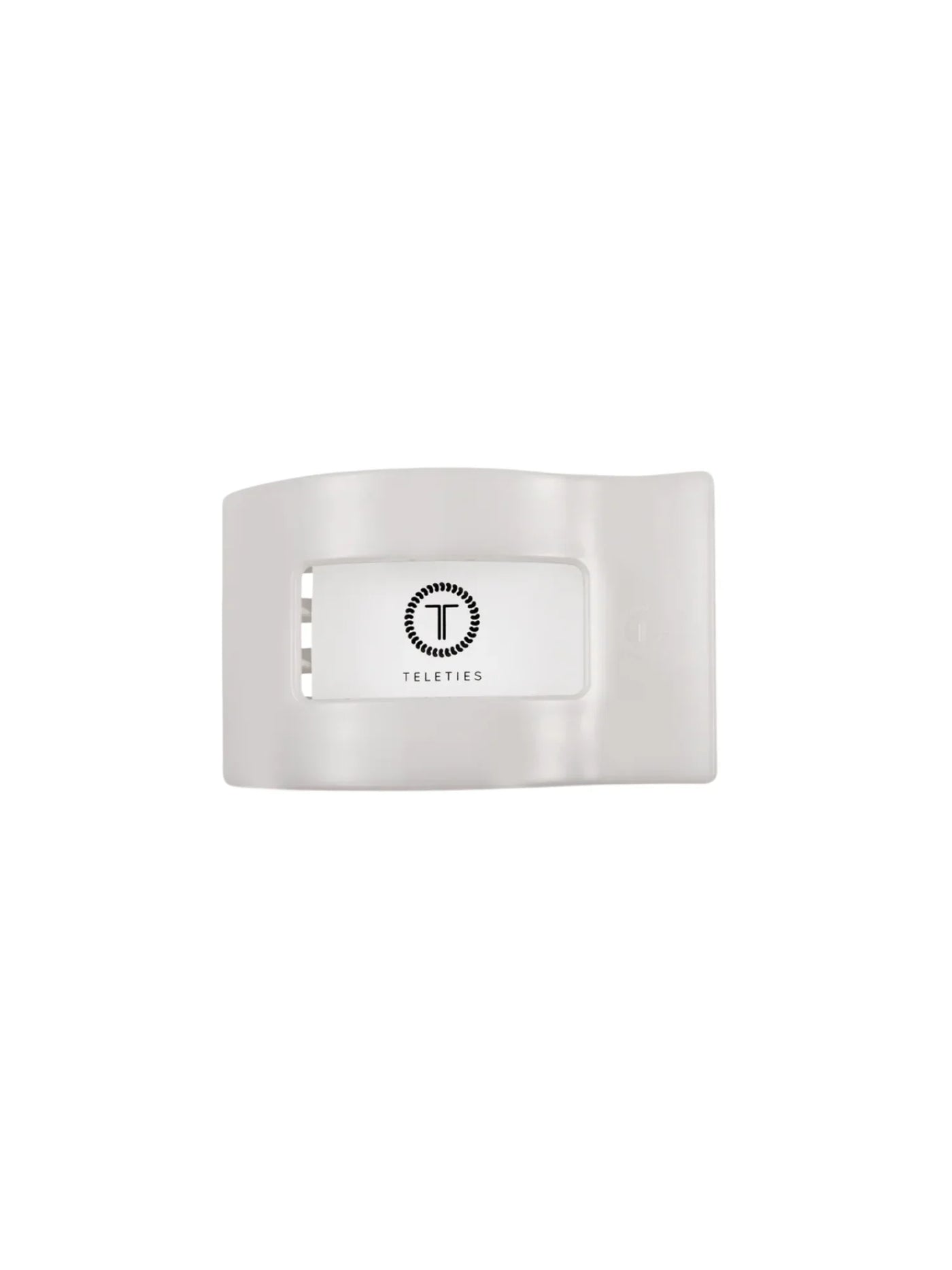 Packaged white small rectangular hair clip on white background, front.