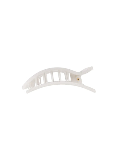 White small rectangular hair clip on white background, side.