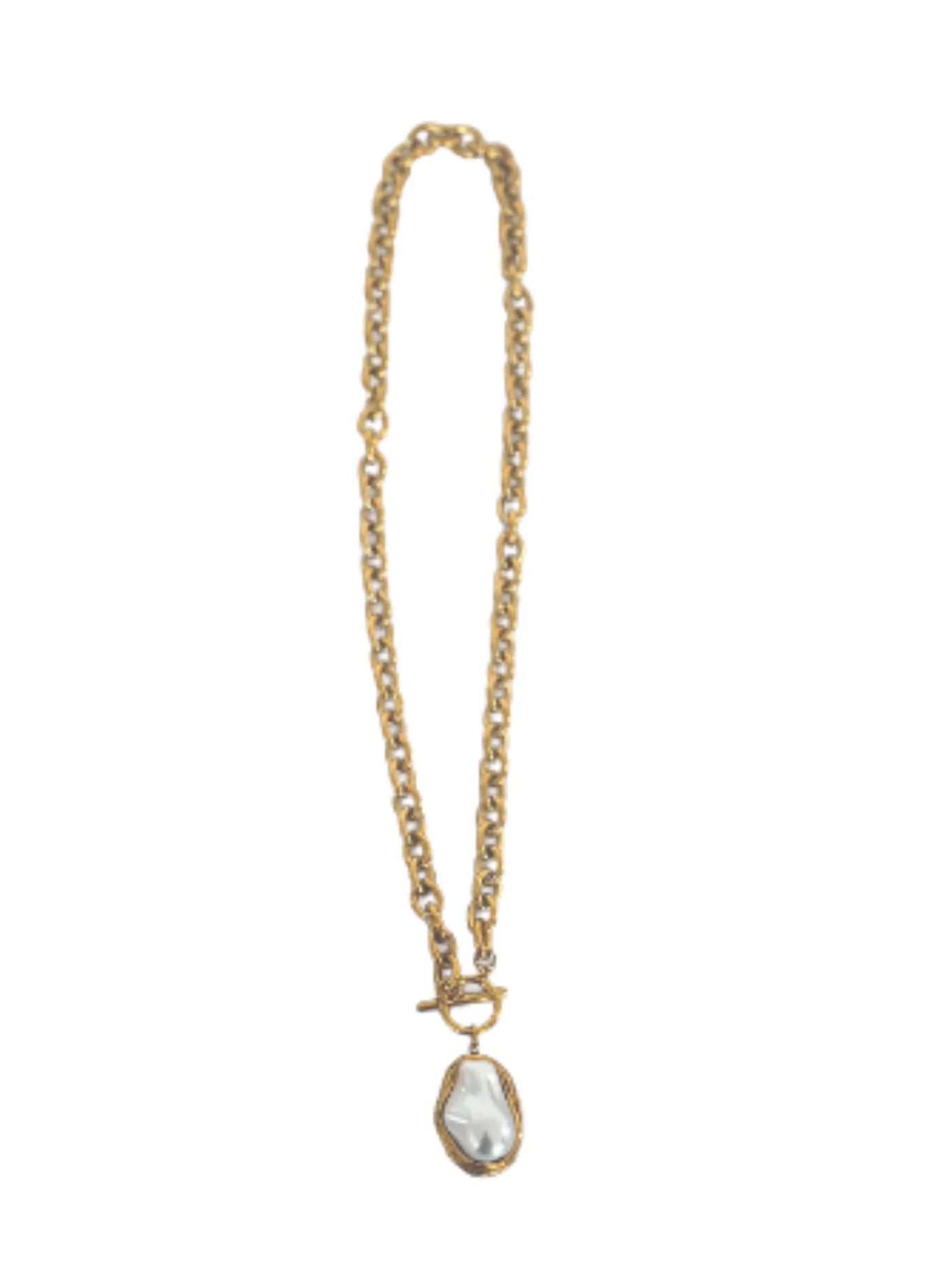 Gold chunky chain toggle necklace with nugget pearl on white background.