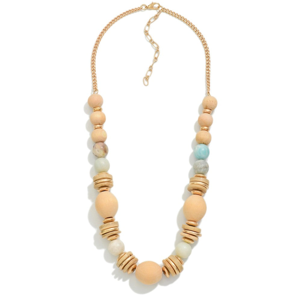 Wood and Stone Beaded Necklace in Aquamarine, front view.