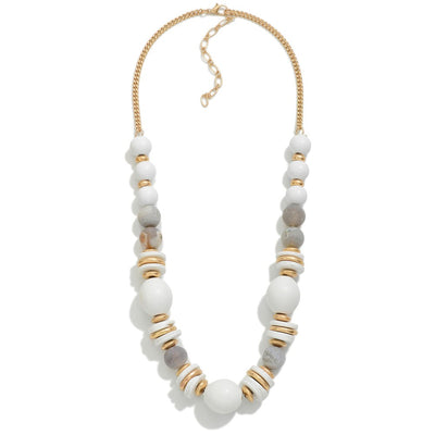 Wood and Stone Beaded Necklace in White, front view.