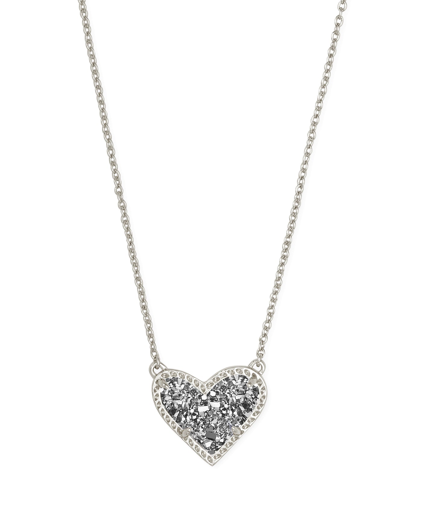 Ari Heart Pendant Necklace Silver Platinum Drusy on white background, front view.