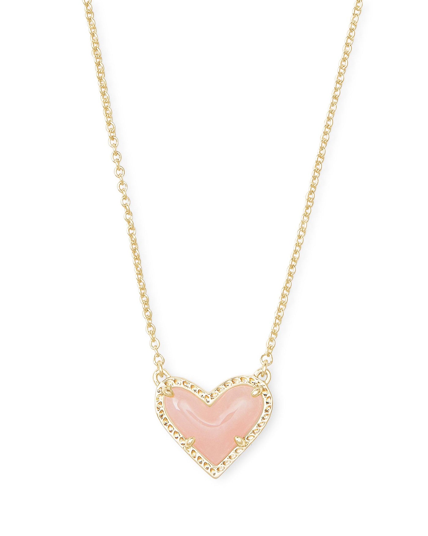 Ari Heart Pendant Necklace Gold Rose Quartz on white background, front view.