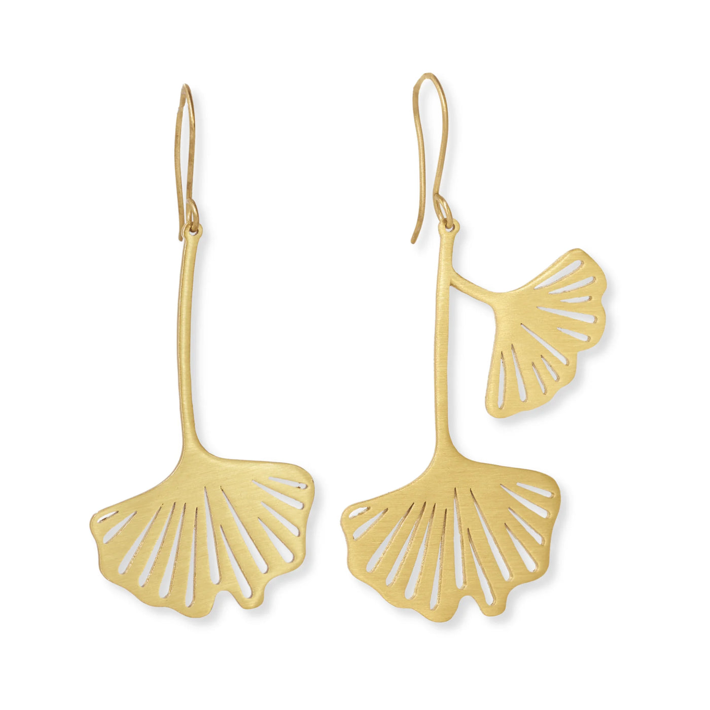 Amelia Ginko Leaf Earrings over white background front and side view.