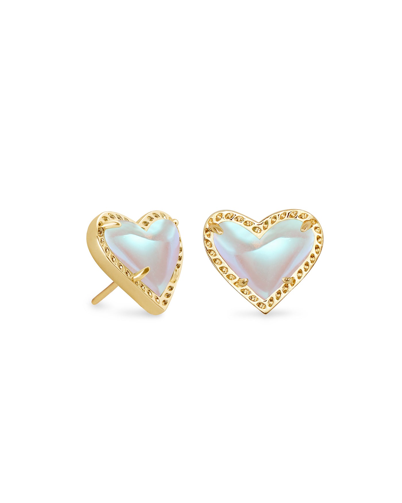Ari Heart Studs Gold Dichroic Glass on white background, front view.