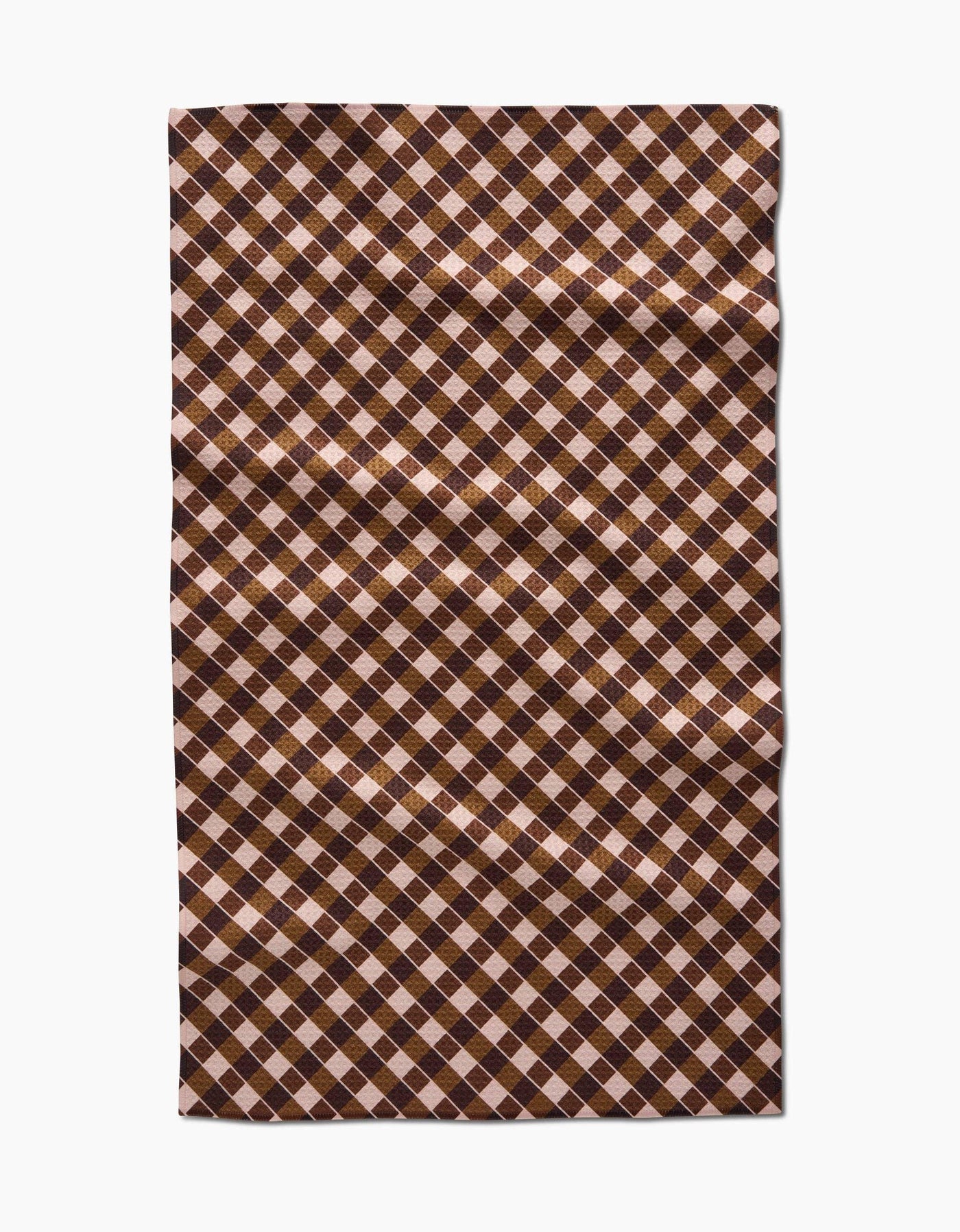 Checkered patterned tea towel with brown and beige colors on a white background
