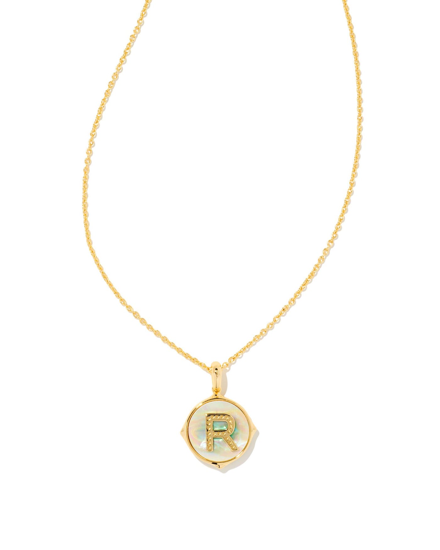 Letter R Disc Pendant Necklace Gold on white background, front view.