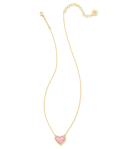 Kendra Scott Ari Heart Pendant Necklace in Gold Pink Kyocera Opal full view.