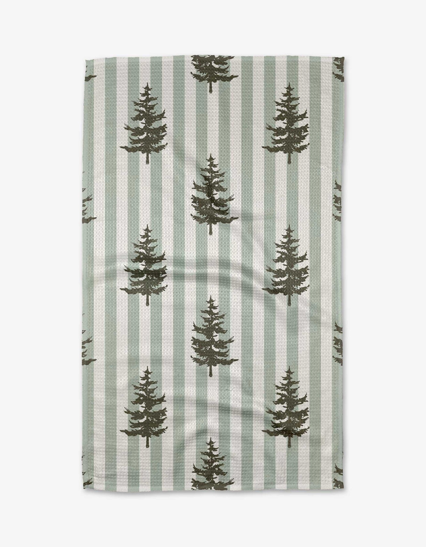 Light green and white striped tea towel with green tree pattern on a white background