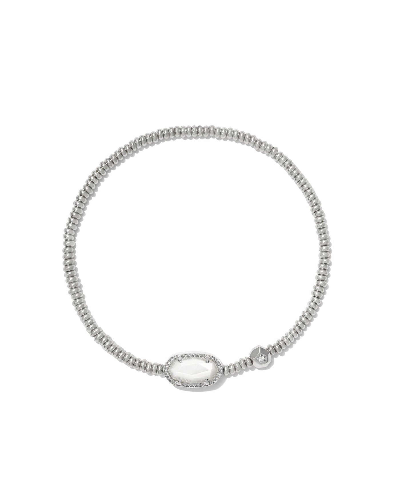 Kendra Scott Grayson Stretch Bracelet in Silver Mother of Pearl on white background, front view.