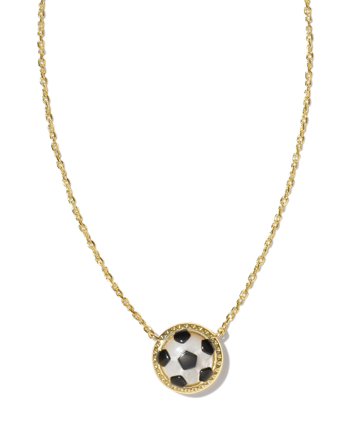 Kendra Scott Soccer Pendant Necklace in Gold on white background close up.