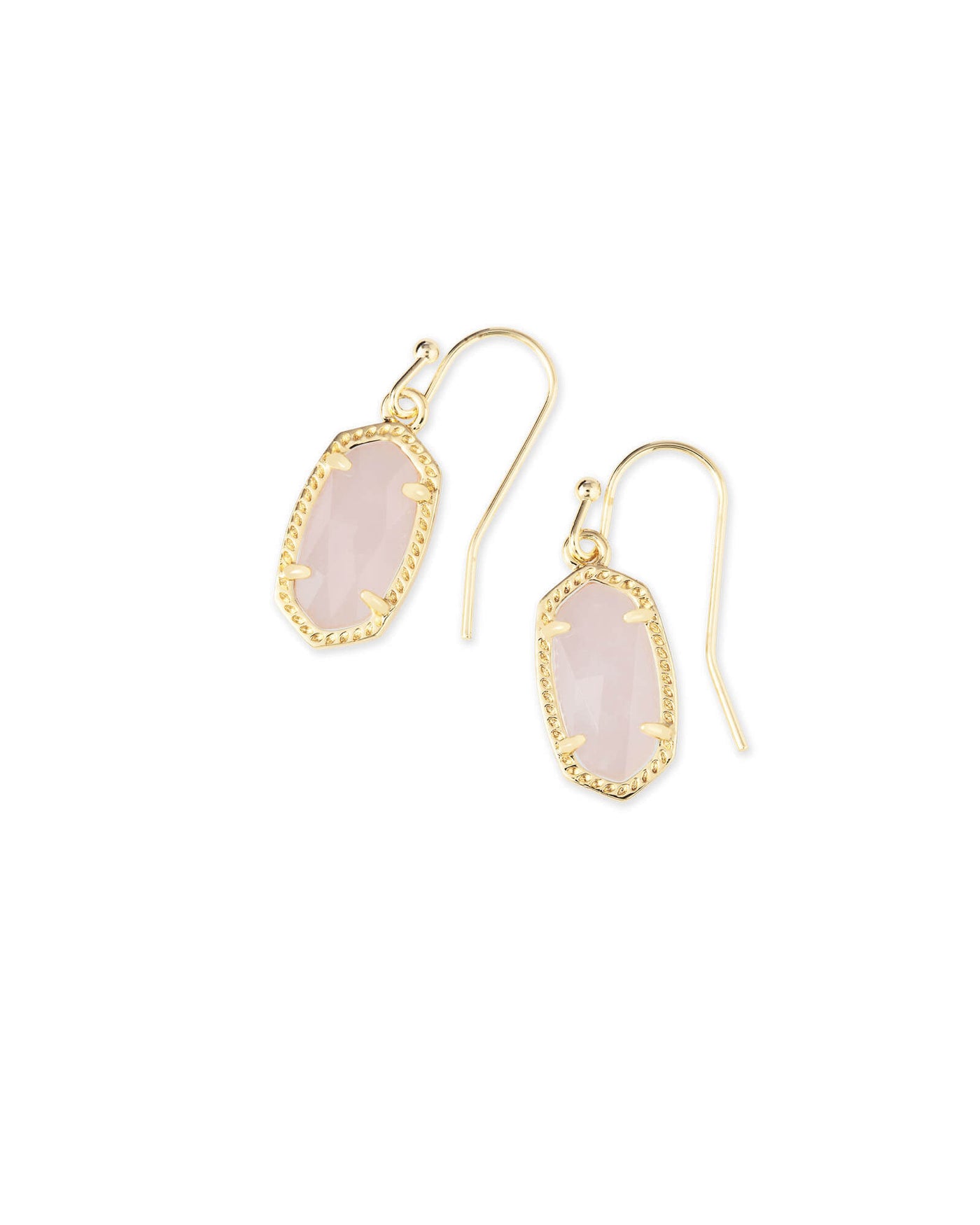 Lee Drop Earrings Gold Rose Quartz on white background, front view.