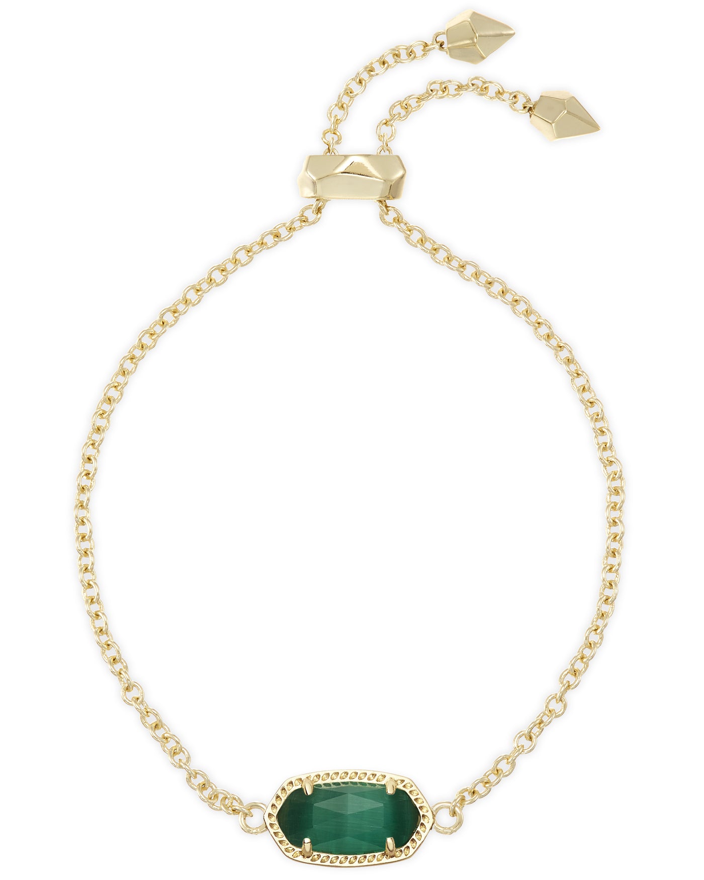 Kendra Scott Elaina Adjustable Chain Bracelet in Gold Emerald Cat's Eye on white background.