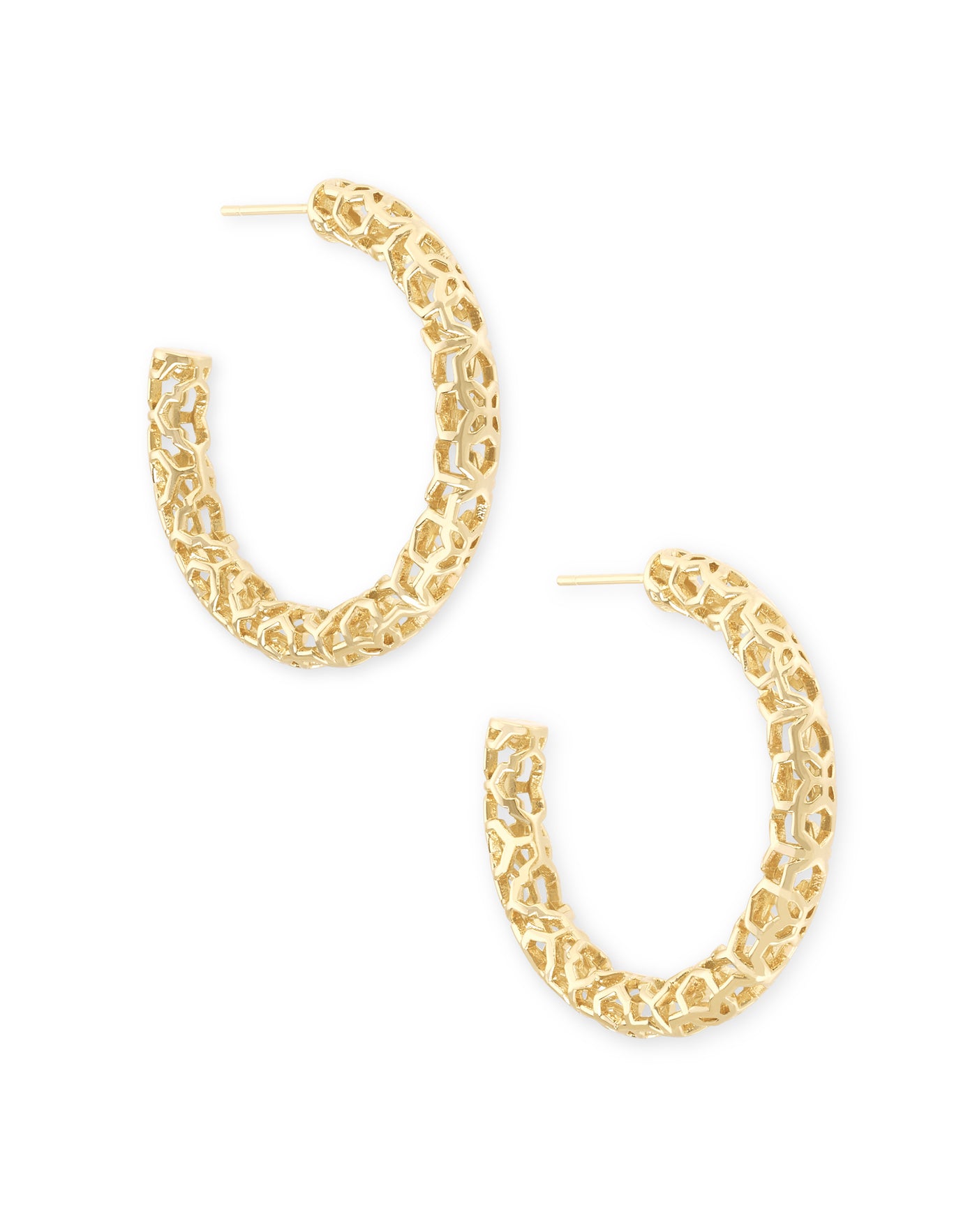 Maggie Small Hoop Earrings in Gold Filigree on white background, front view.