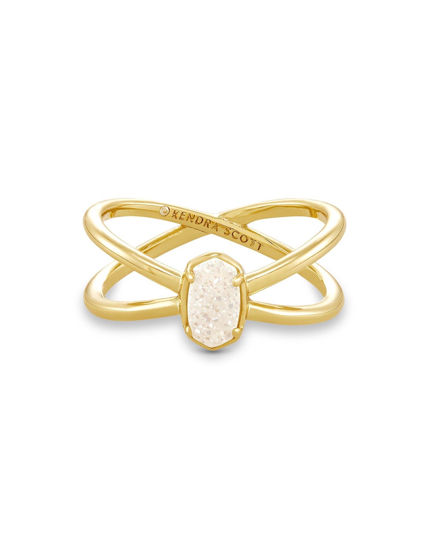 Emilie Double Band Ring Gold Iridescent Drusy on white background, front view.