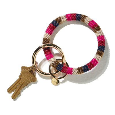 Chloe Key Ring in Pink Stripe, front view.