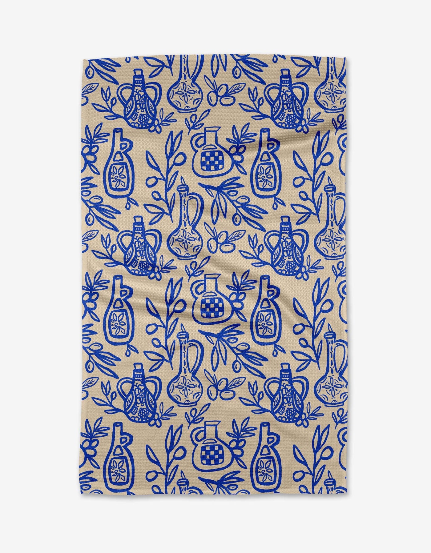 Cream tea towel with blue mediterranean bottles and olive branches against  white background