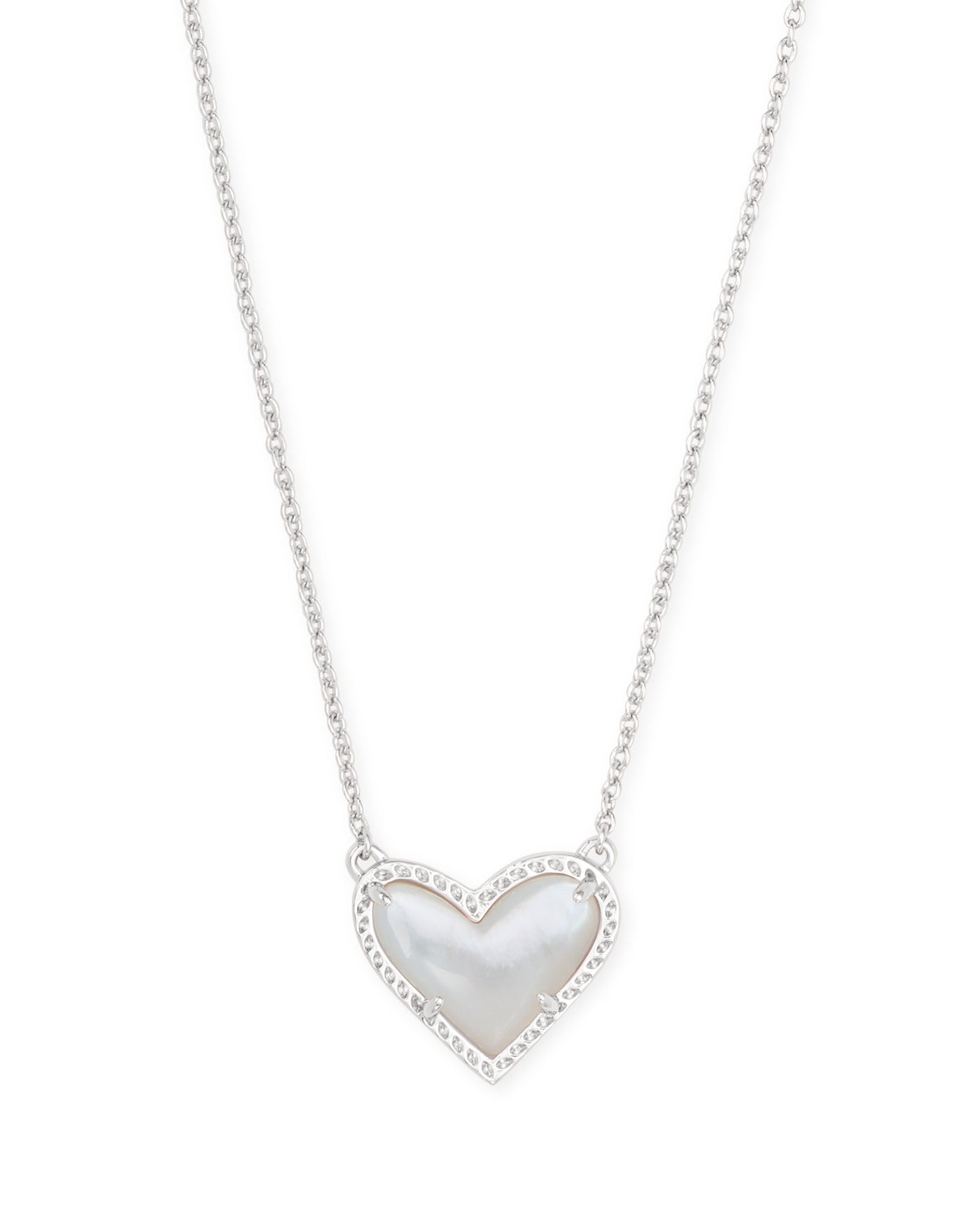 Ari Heart Pendant Necklace Silver Ivory Mother of Pearl on white background, front view.