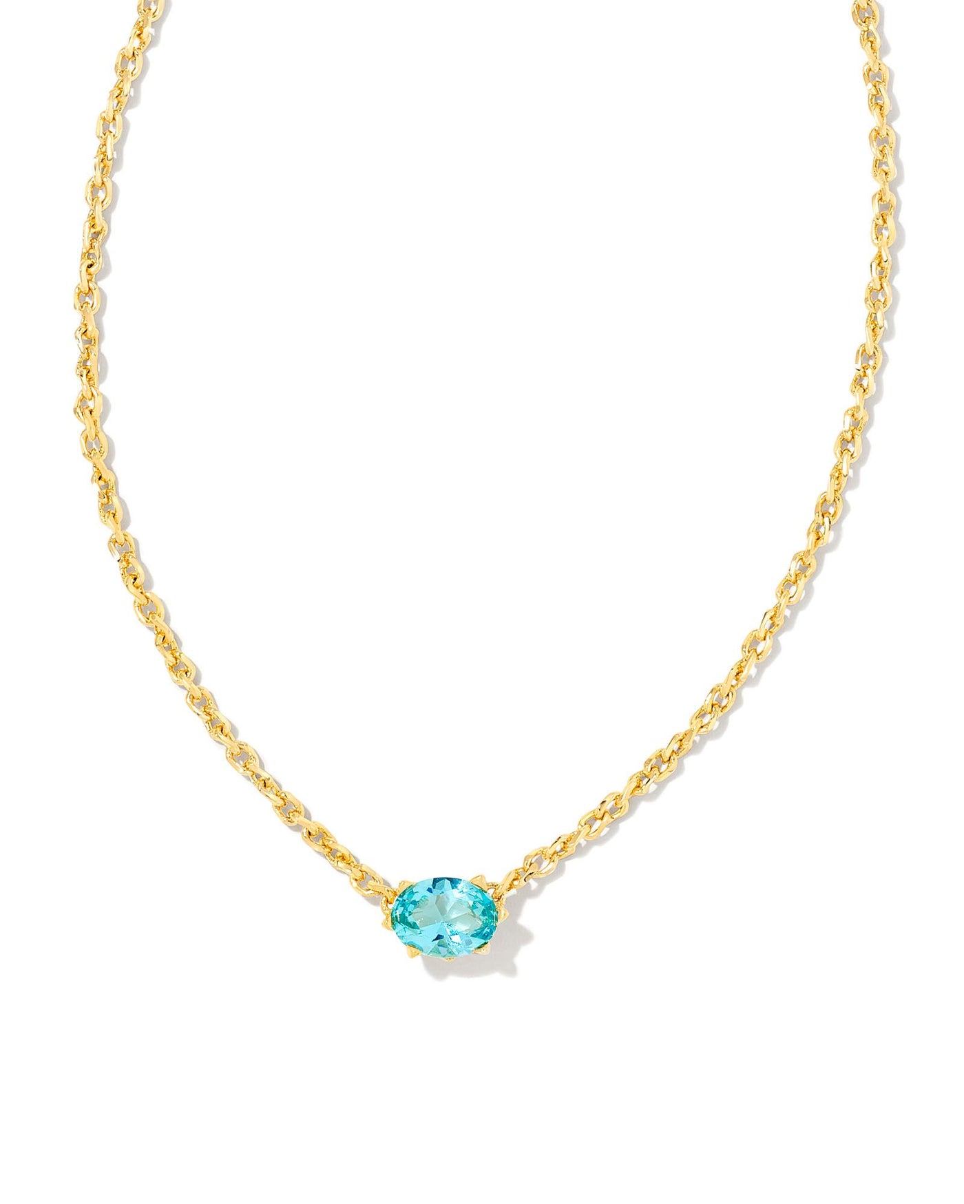Cailin Crystal Pendant Necklace Gold Aqua Crystal on white background, front view.