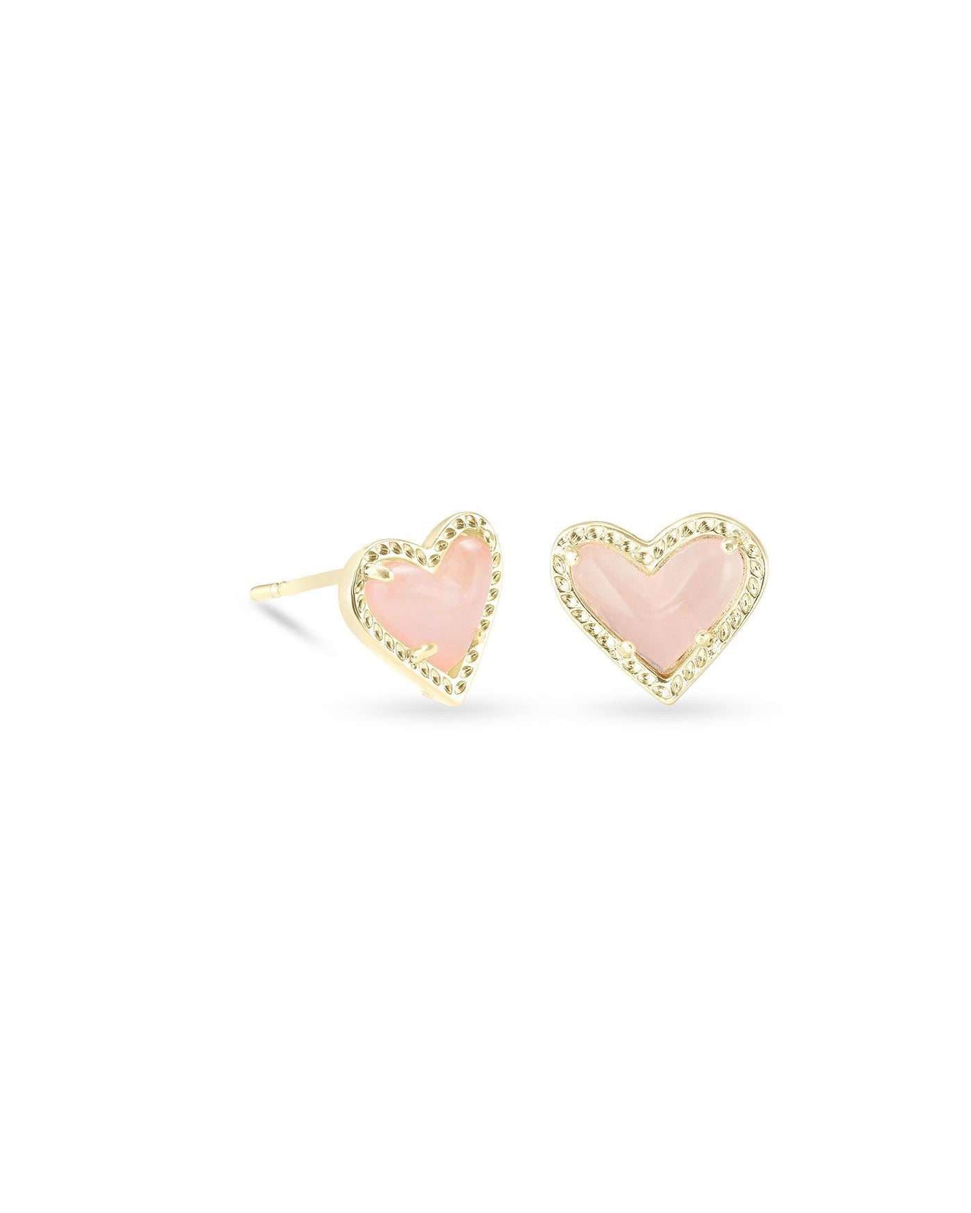 Ari Heart Stud Earrings Gold Rose Quartz on white background, front view.
