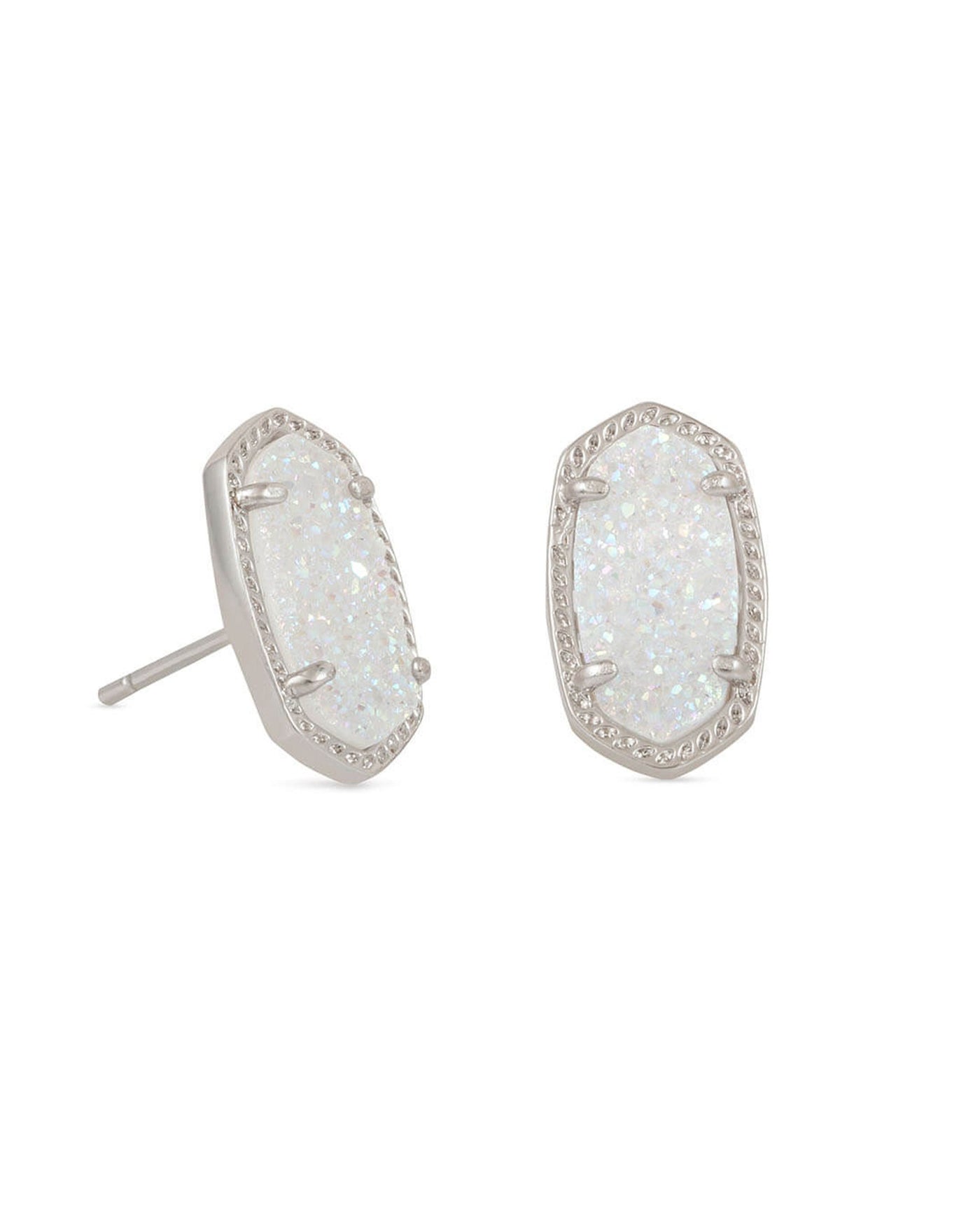 Ellie Stud Earrings Silver iridescent Drusy on white background, front view.