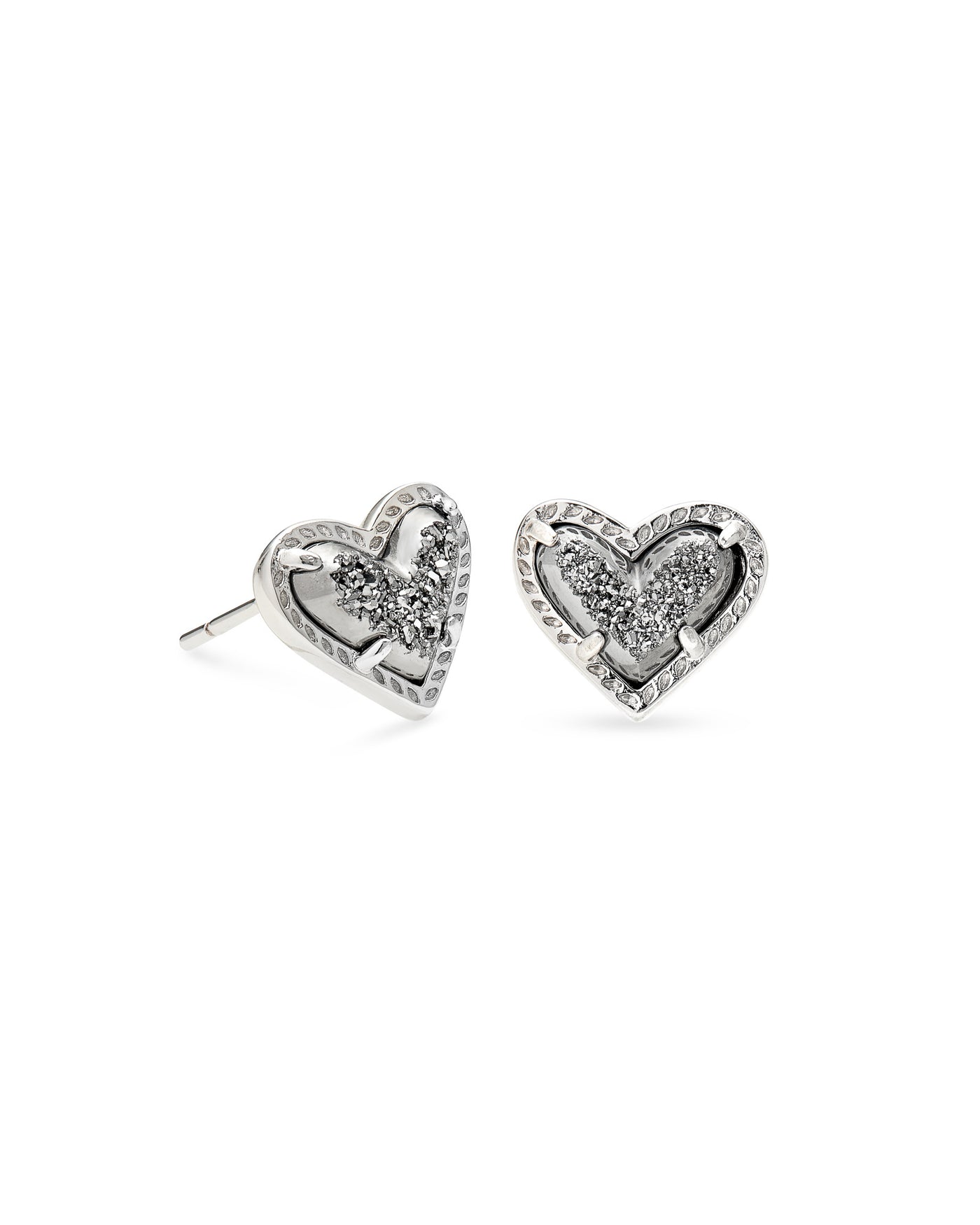 Ari Heart Stud Earrings Silver Platinum Drusy on white background, front view.