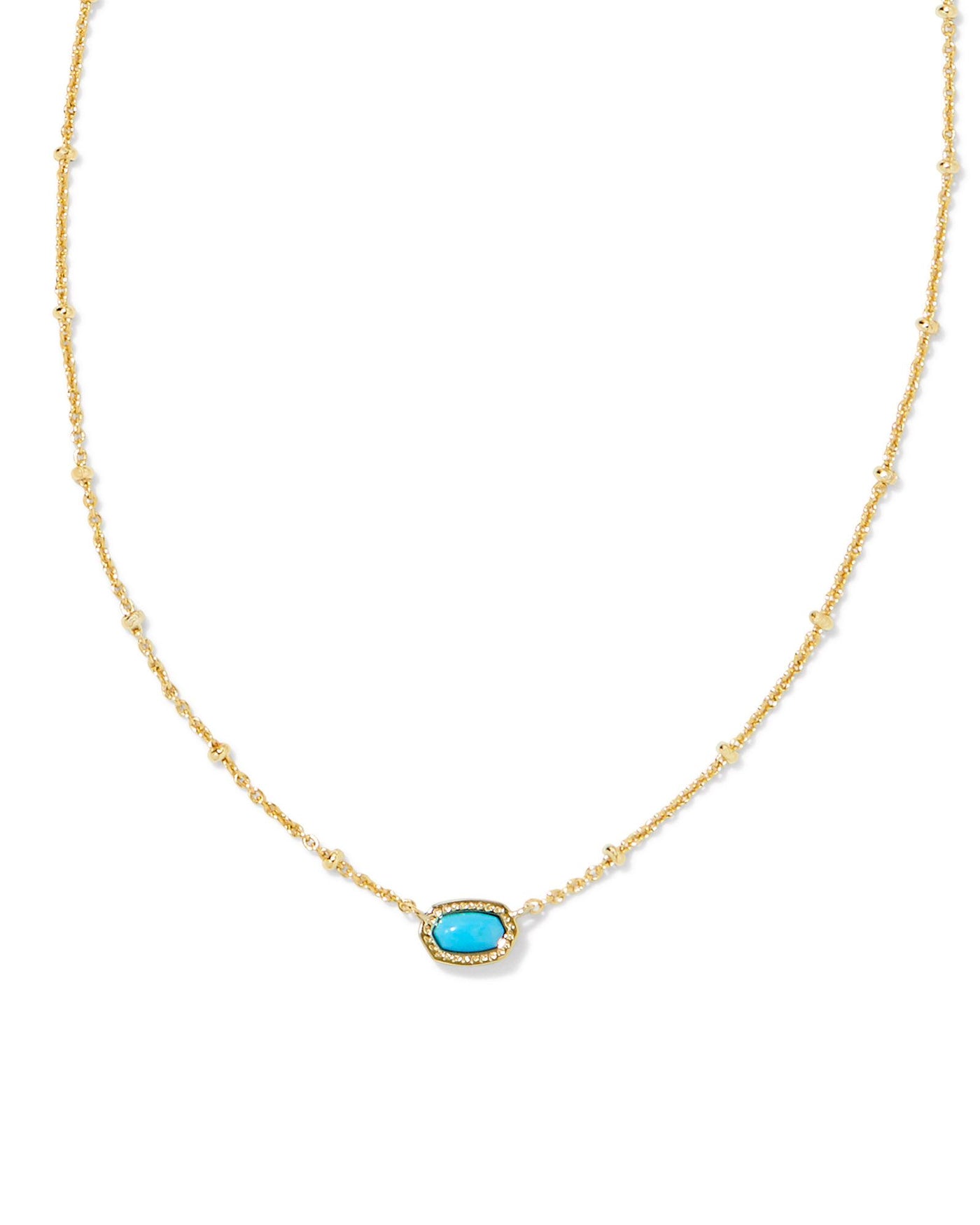 Kendra Scott Mini Elisa Satellite Necklace in Gold Turquoise on white background close up.