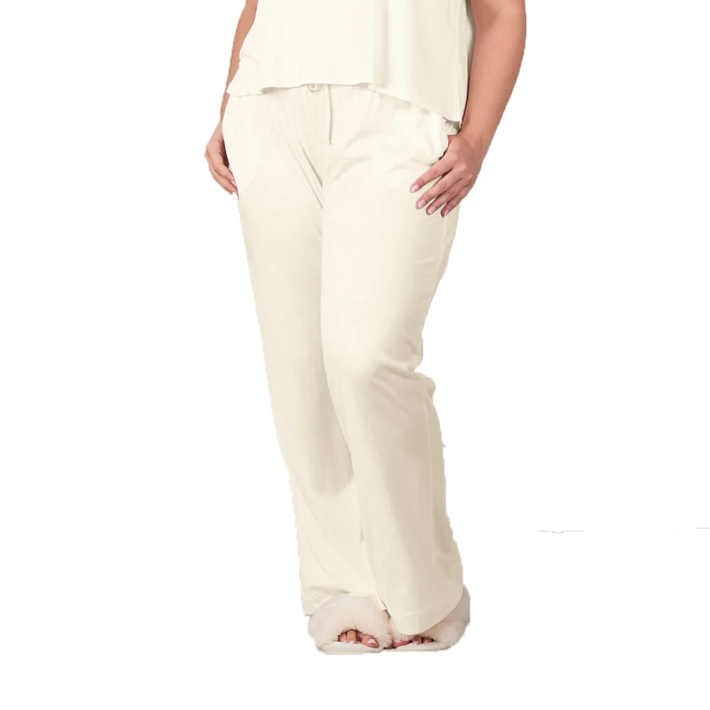 Ivory faceplant bamboo pants with a drawstring waist, straight legs and deep pockets