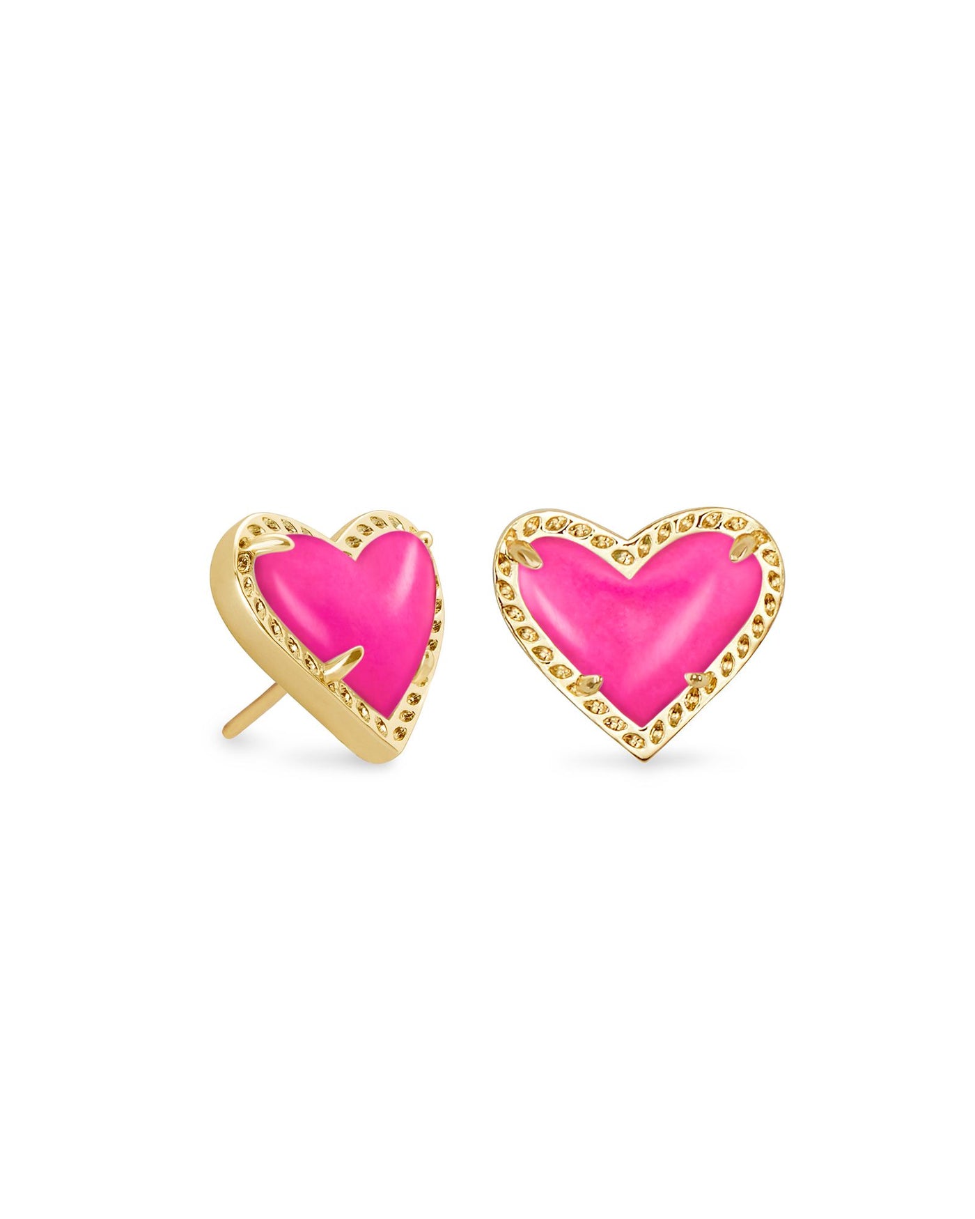 Ari Heart Stud Earrings Gold Magenta on white background, front view.