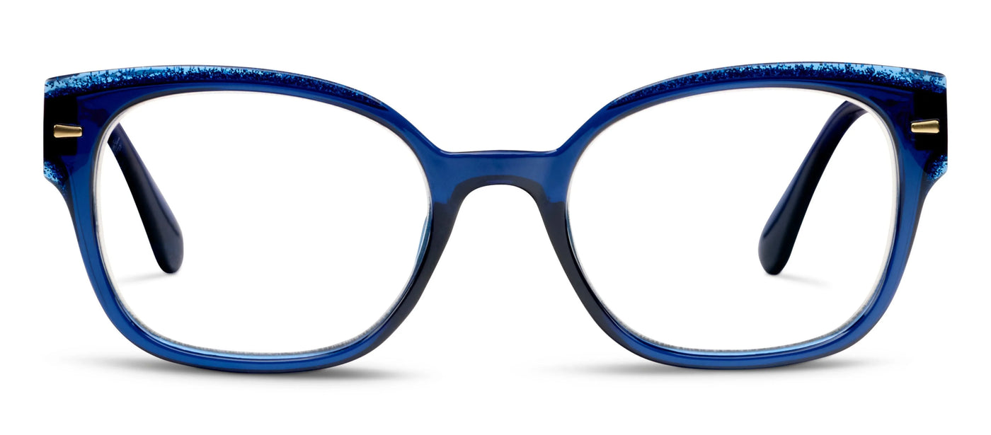 Blue eyeglasses with a white background