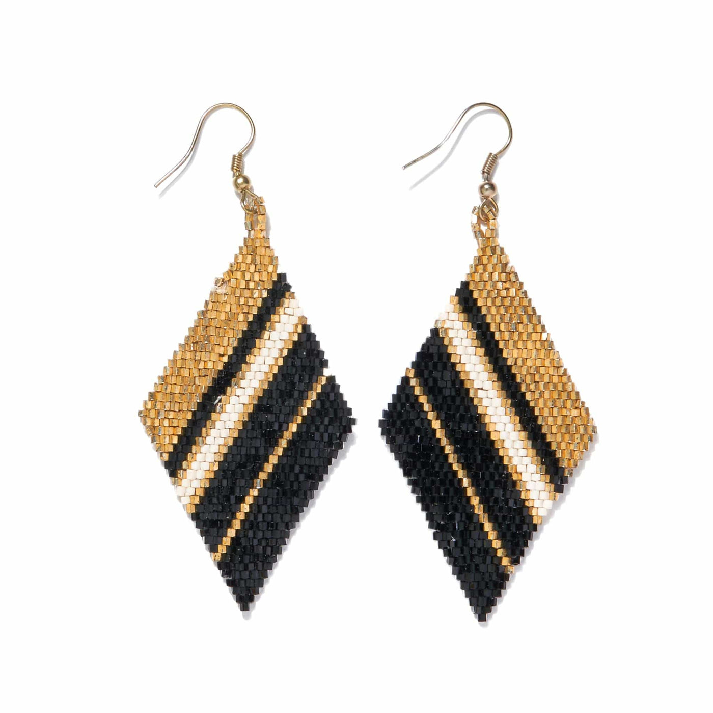 Frida Diagonal Stripe Beaded Earrings in gold, black, and ivory, front view.