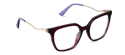 Cat-eye glasses with a maroon frame and gold accents on a white background