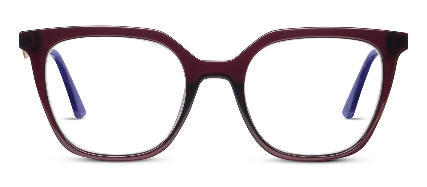 Maroon eyeglasses with blue temple tips on a white background