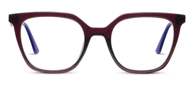 Maroon eyeglasses with blue temple tips on a white background