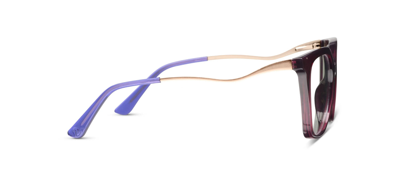 Sunglasses with purple arms and a black frame on a white background