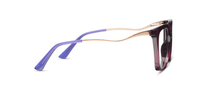 Sunglasses with purple arms and a black frame on a white background