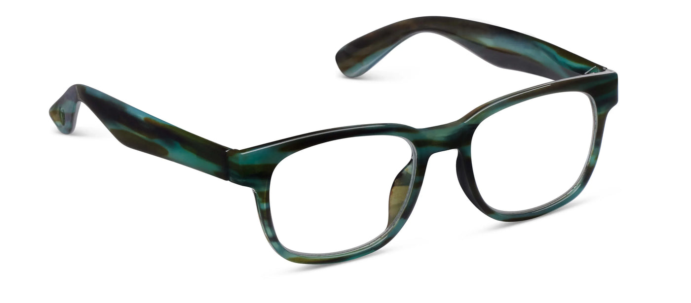 Green and black tortoiseshell eyeglasses on a white background