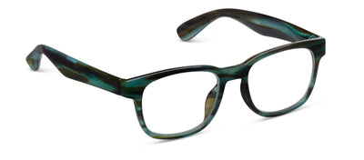 Green and black tortoiseshell eyeglasses on a white background