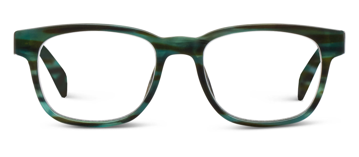 Green and black eyeglasses on a white background