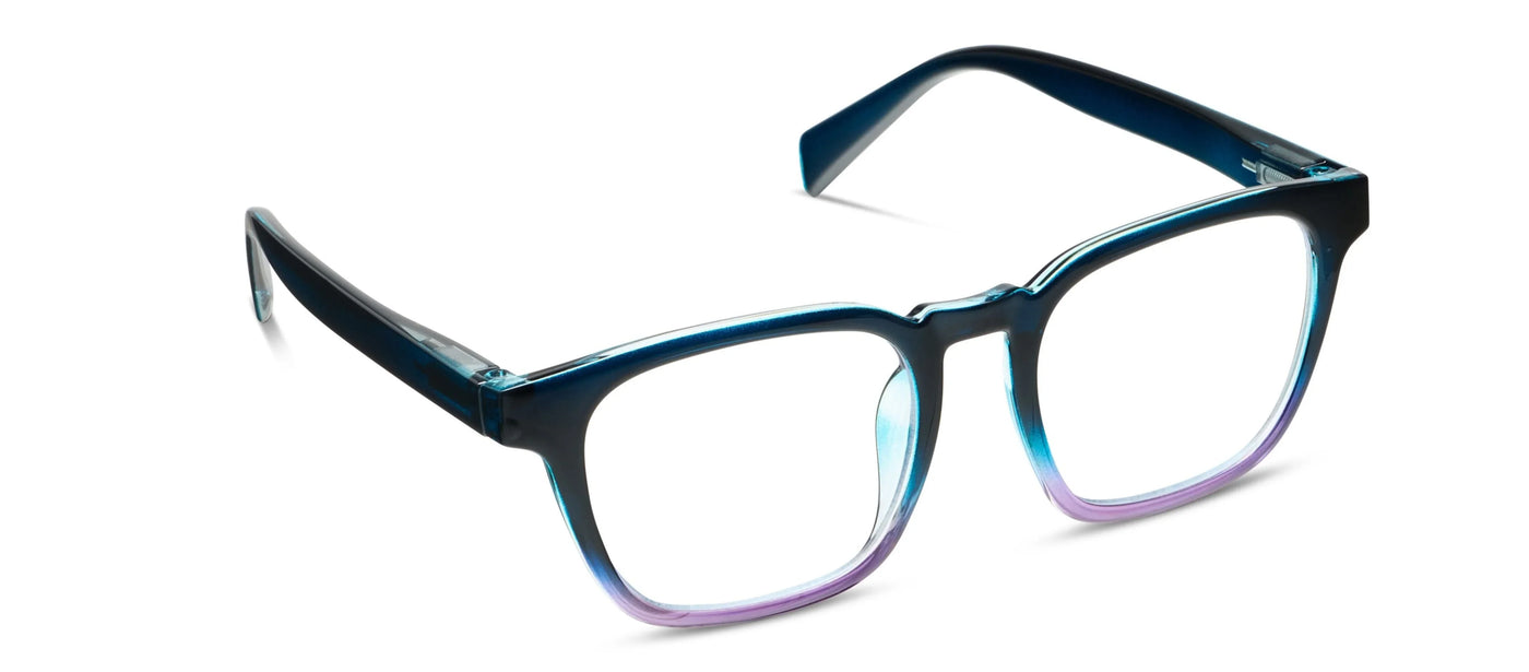 Blue and purple eyeglasses on a white background