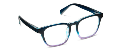 Blue and purple eyeglasses on a white background