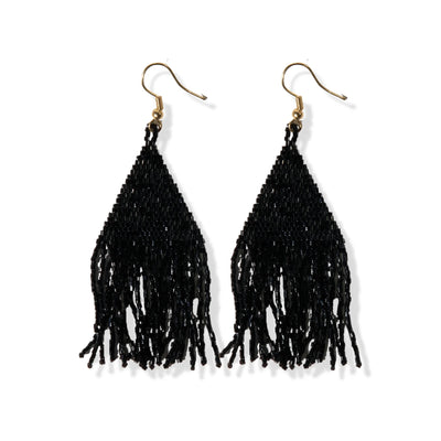Lexie Solid Beaded Fringe Earrings in black on white background, front view.