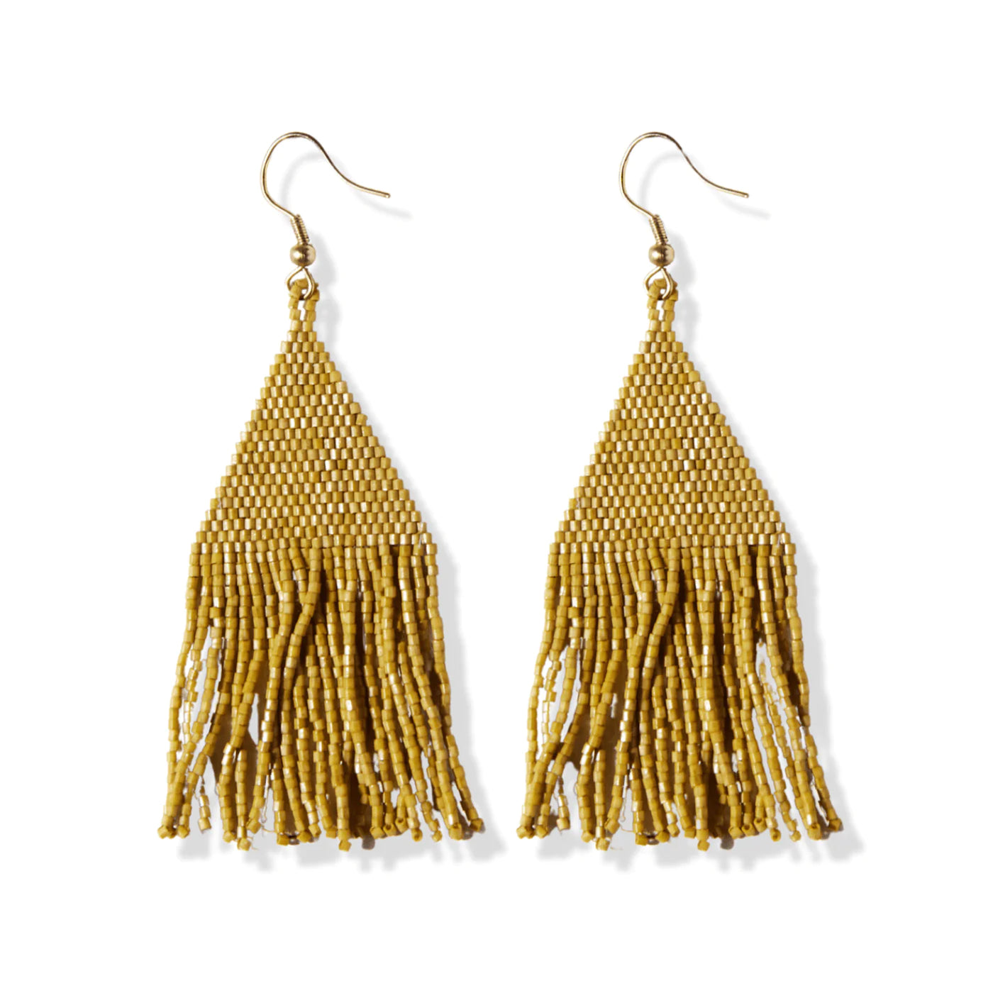 Lexie Solid Beaded Fringe Earrings in gold on white background, front view.