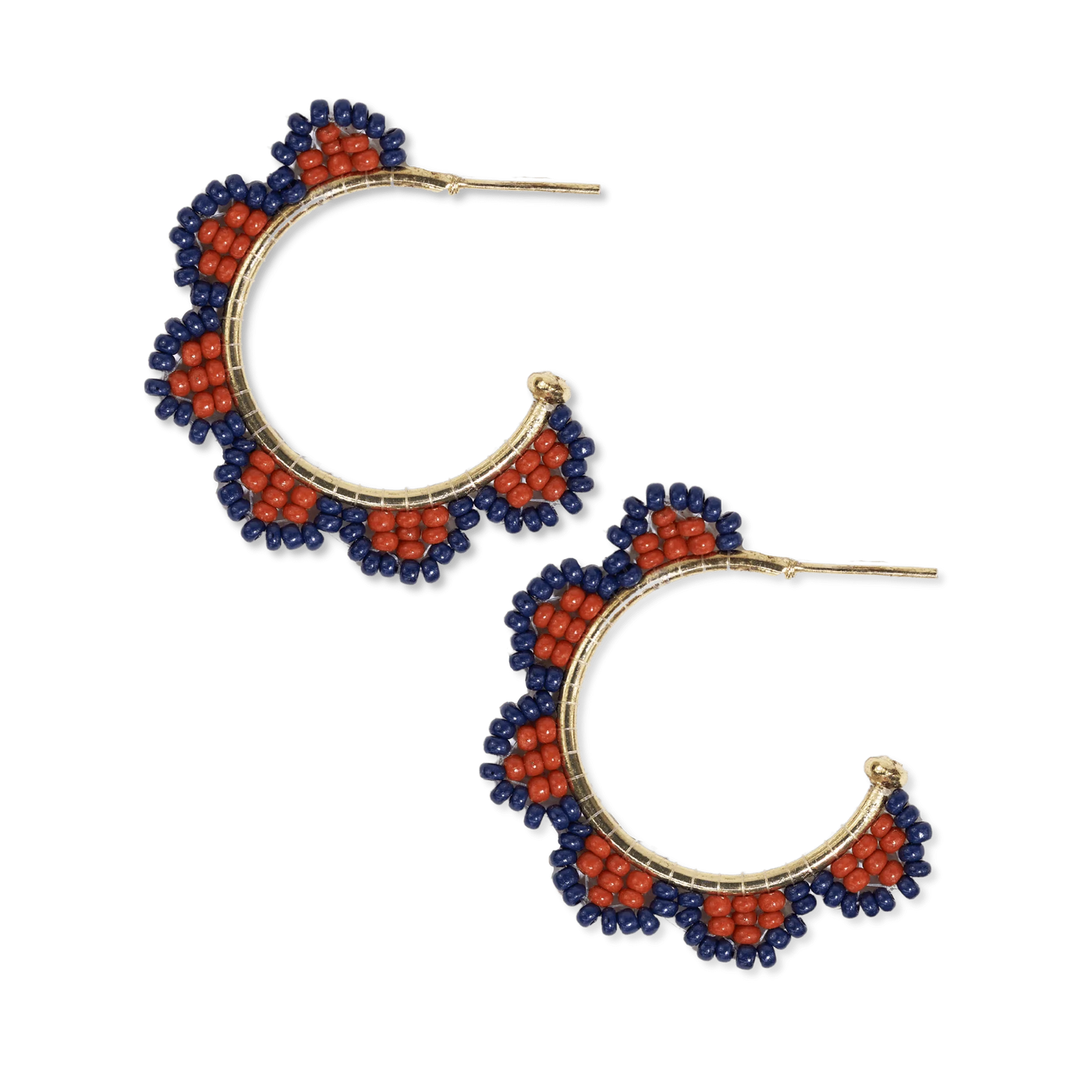 Luna Beaded Scallop Hoops in navy and orange, side view.