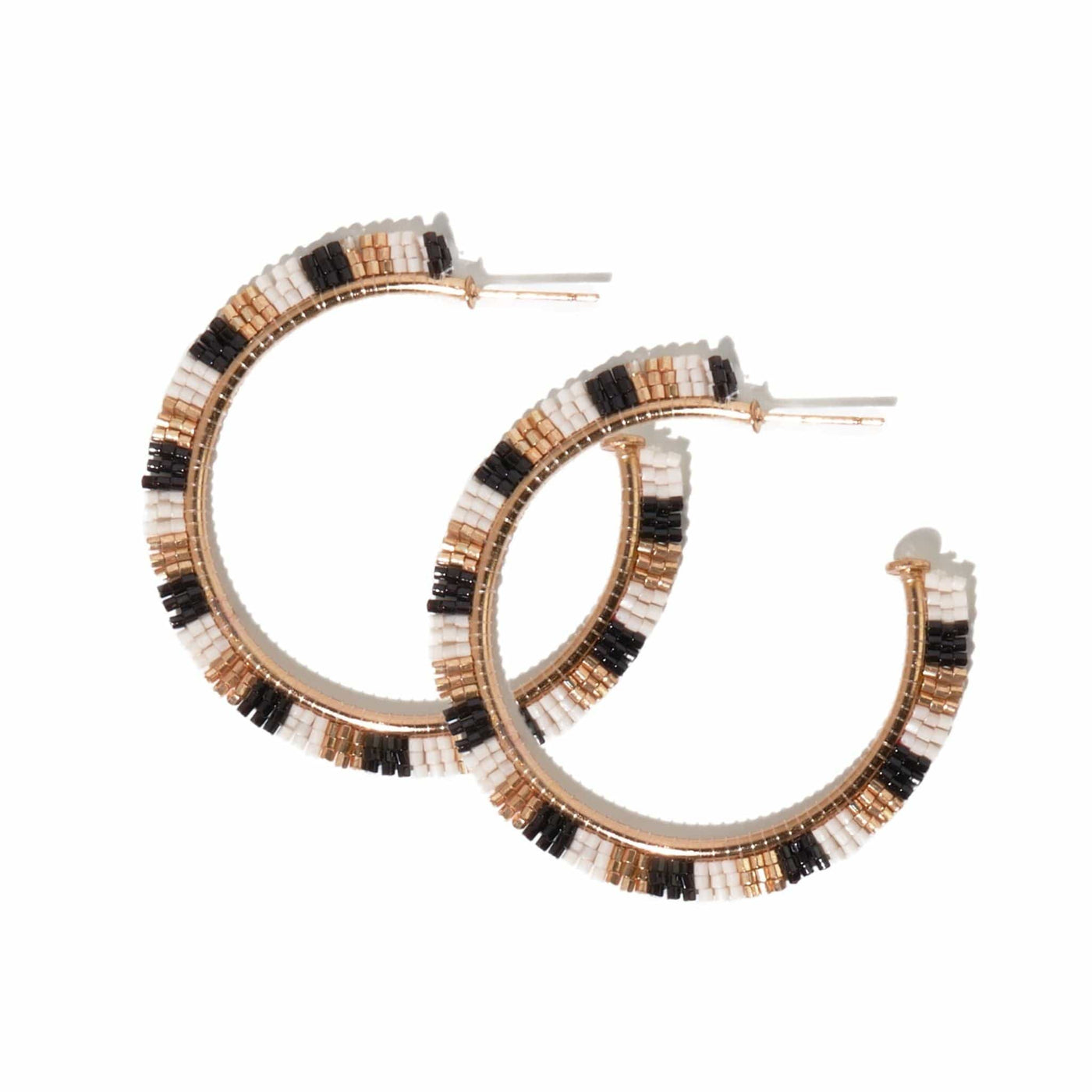 Nora Beaded Striped Hoop Earrings in black, white, and gold, front view.