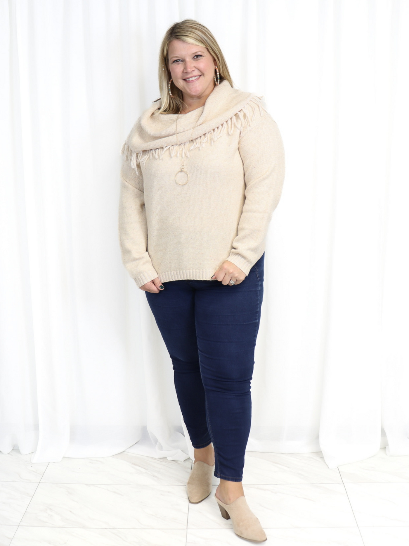 Tan Fringed Cowl Neck Sweater 