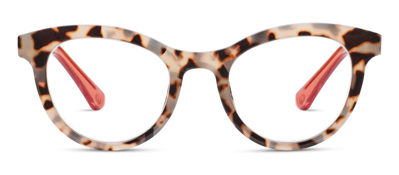 Tortoiseshell cat-eye glasses with red inner rims on a white background