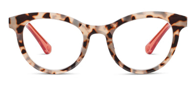 Tortoiseshell cat-eye glasses with red inner rims on a white background